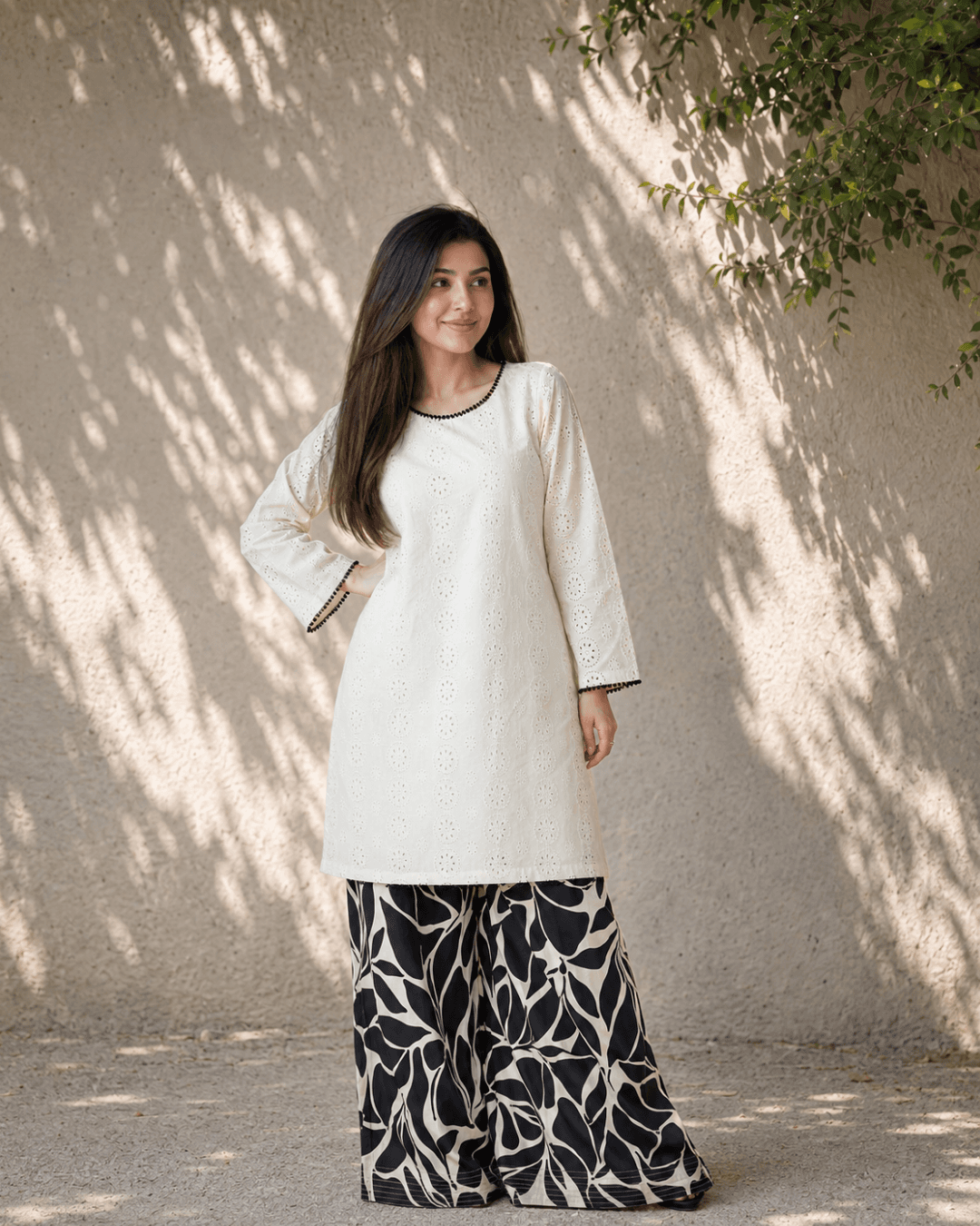 White Chikan Kari Two Piece - View 1